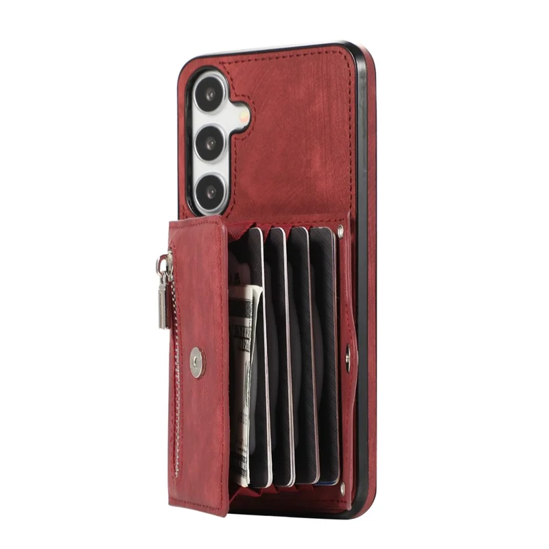 For Samsung Galaxy S25+ / S24+ Cell Phone Case Card Bag PU Leather+TPU Cover with 2 Straps - Red