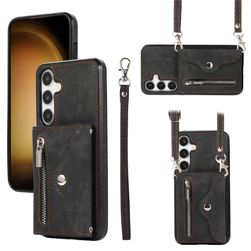 For Samsung Galaxy S25 / S24 Cell Phone Case with 2 Straps PU Leather+TPU Card Bag Cover - Black