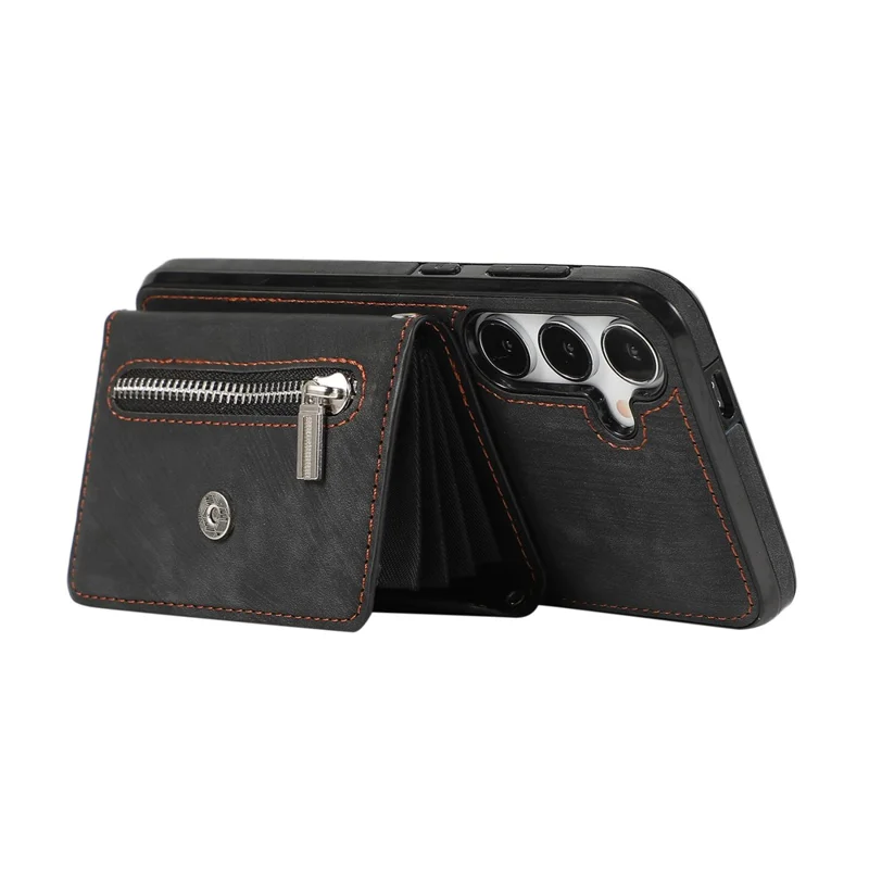 For Samsung Galaxy S25 / S24 Cell Phone Case with 2 Straps PU Leather+TPU Card Bag Cover - Black