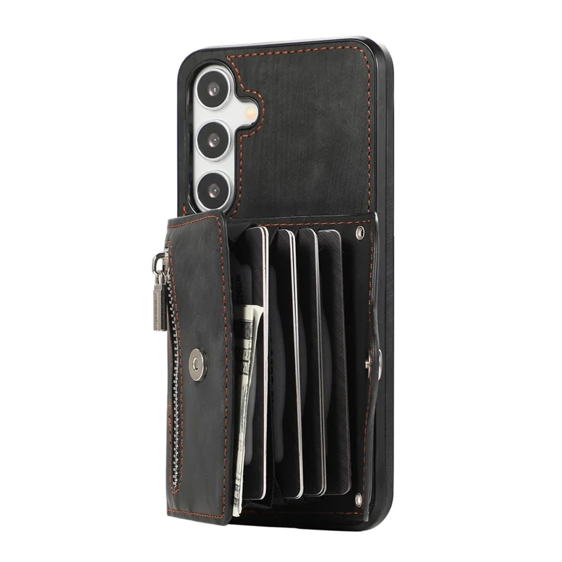 For Samsung Galaxy S25 / S24 Cell Phone Case with 2 Straps PU Leather+TPU Card Bag Cover - Black