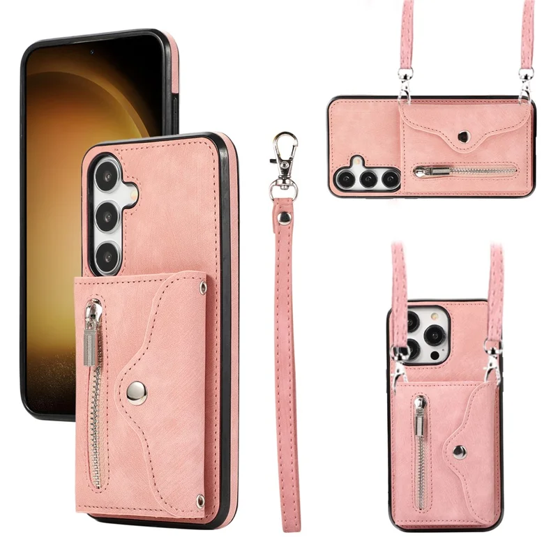 For Samsung Galaxy S25 / S24 Cell Phone Case with 2 Straps PU Leather+TPU Card Bag Cover - Rose Gold