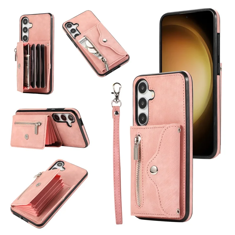 For Samsung Galaxy S25 / S24 Cell Phone Case with 2 Straps PU Leather+TPU Card Bag Cover - Rose Gold