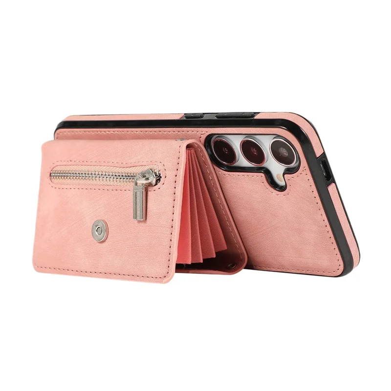 For Samsung Galaxy S25 / S24 Cell Phone Case with 2 Straps PU Leather+TPU Card Bag Cover - Rose Gold