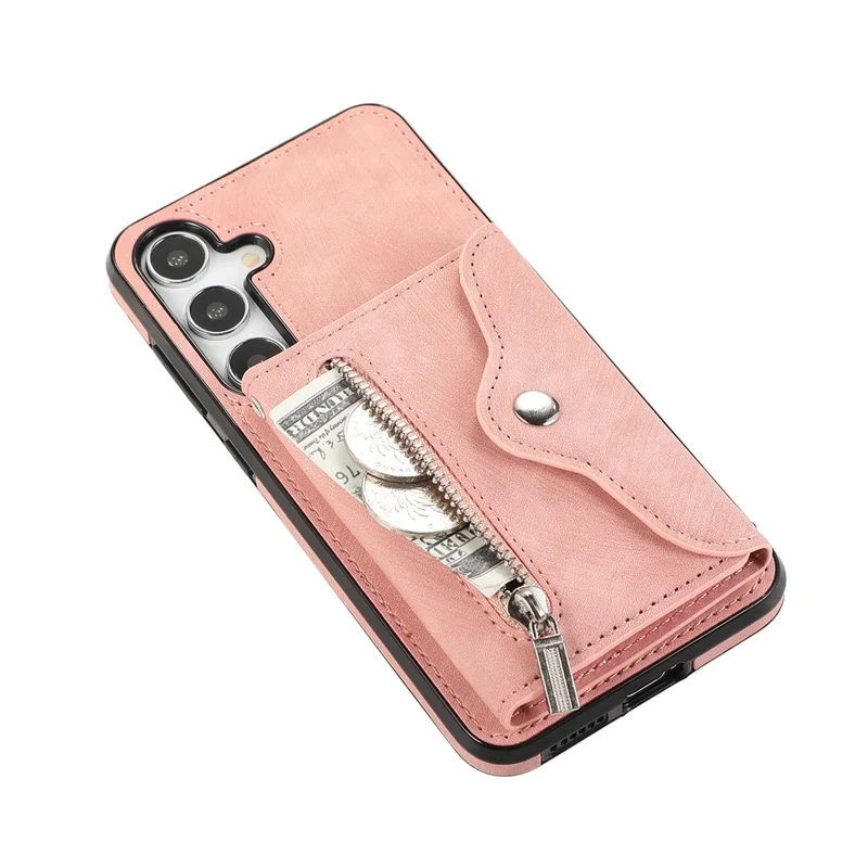 For Samsung Galaxy S25 / S24 Cell Phone Case with 2 Straps PU Leather+TPU Card Bag Cover - Rose Gold