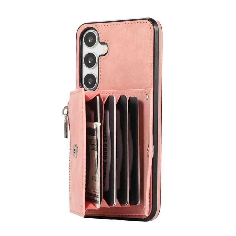 For Samsung Galaxy S25 / S24 Cell Phone Case with 2 Straps PU Leather+TPU Card Bag Cover - Rose Gold