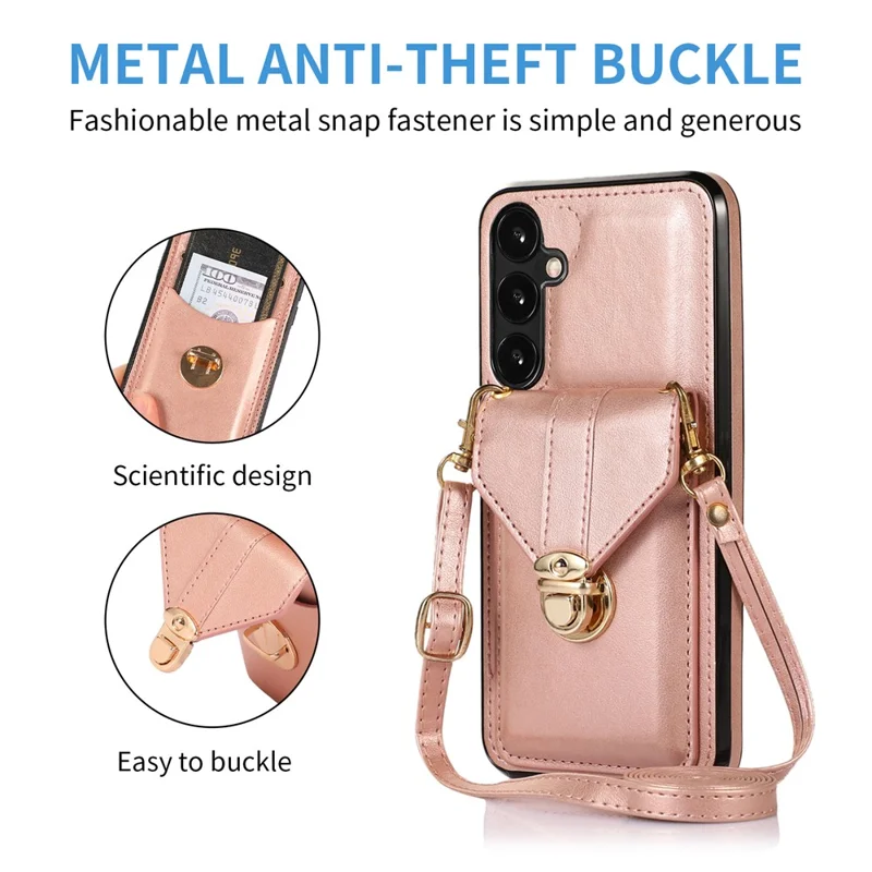 For Samsung Galaxy S25 / S24 Cell Phone Case Card Holder Leather+TPU Shockproof Cover - Rose Gold