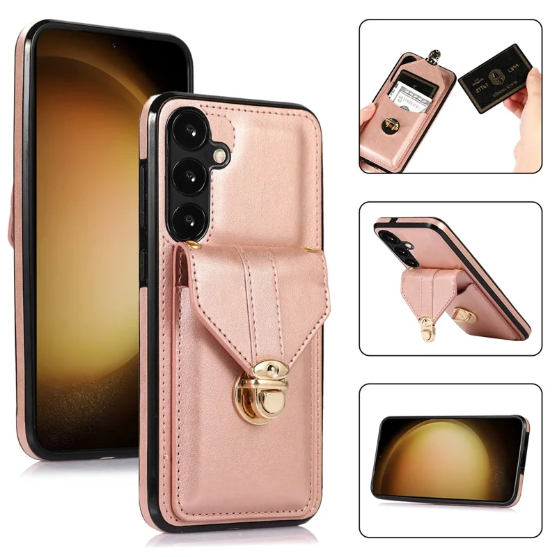 For Samsung Galaxy S25 / S24 Cell Phone Case Card Holder Leather+TPU Shockproof Cover - Rose Gold