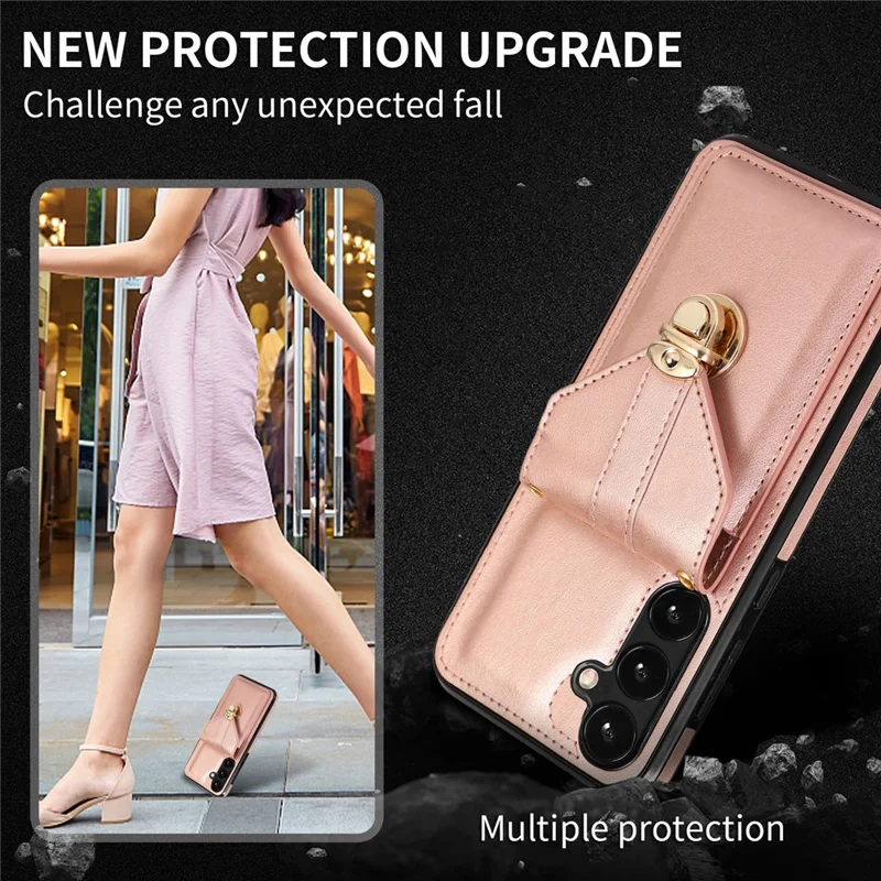 For Samsung Galaxy S25 / S24 Cell Phone Case Card Holder Leather+TPU Shockproof Cover - Rose Gold