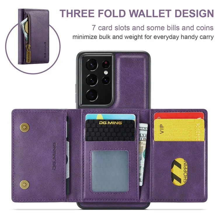 DG.MING M5 Série Pour Samsung Galaxy S21 Ultra 5G Étui de téléphone Portefeuille Détachable avec Support - Violet