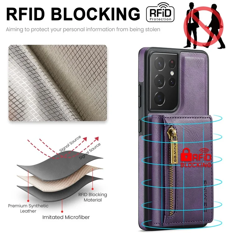 DG.MING M5 Série Pour Samsung Galaxy S21 Ultra 5G Étui de téléphone Portefeuille Détachable avec Support - Violet