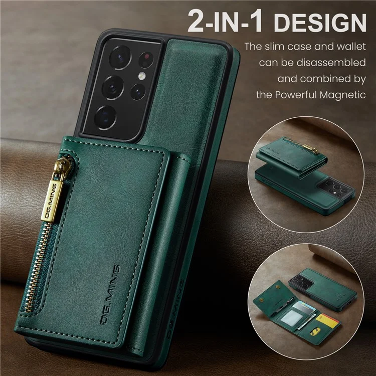 DG.MING Série M5 para Samsung Galaxy S21 Ultra 5G Estojo de Telefone Carteira Destacável com Suporte - Verde