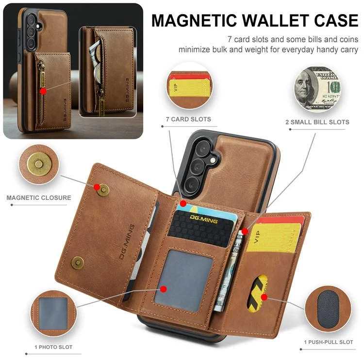 DG.MING M5 Series For Samsung Galaxy S23 FE Phone Case Magnetic Wallet Protective Cover - Brown
