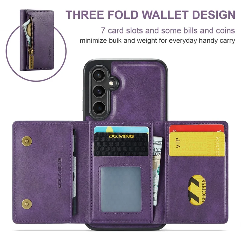 DG.MING M5 Series For Samsung Galaxy S23 FE Phone Case Magnetic Wallet Protective Cover - Purple