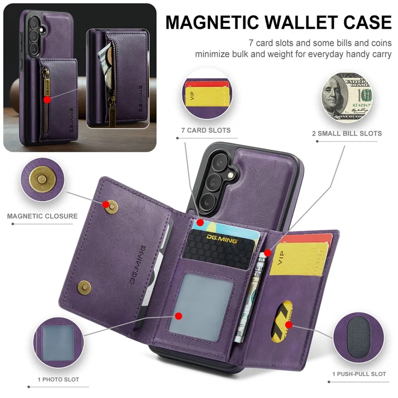 DG.MING M5 Series For Samsung Galaxy S23 FE Phone Case Magnetic Wallet Protective Cover - Purple