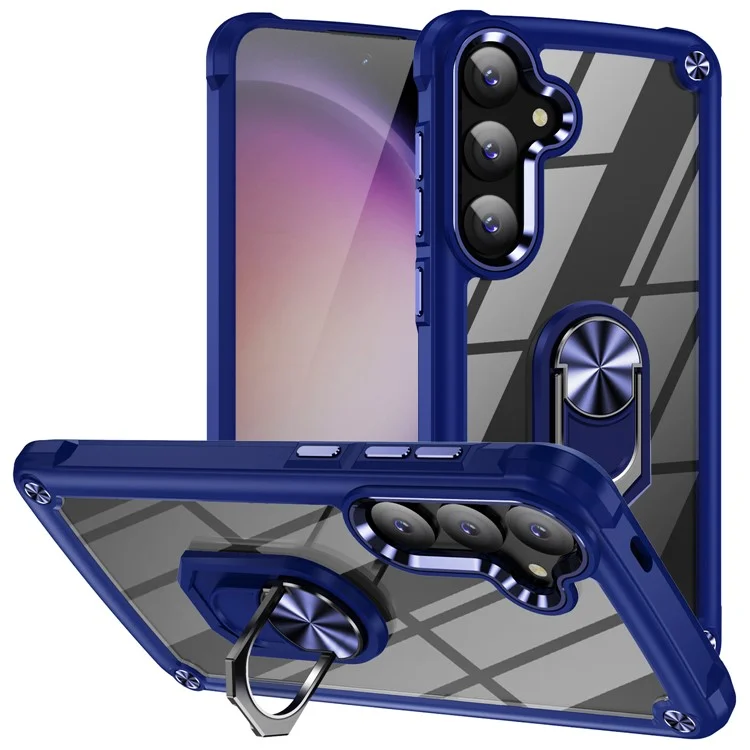 Для Samsung Galaxy S24 Case PC+TPU Противоударный Чехол для телефона с металлическим кольцом Подставка - Синий