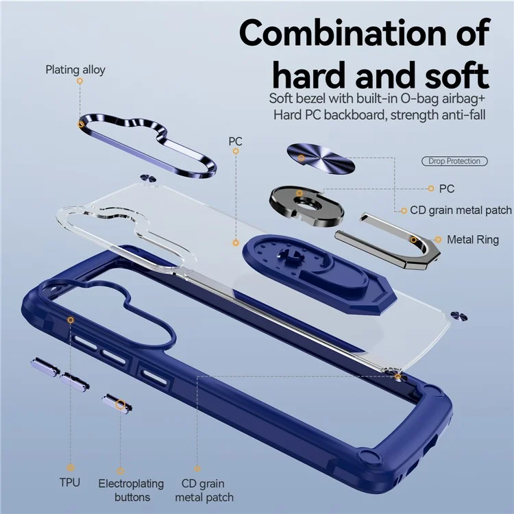 Для Samsung Galaxy S24 Case PC+TPU Противоударный Чехол для телефона с металлическим кольцом Подставка - Синий