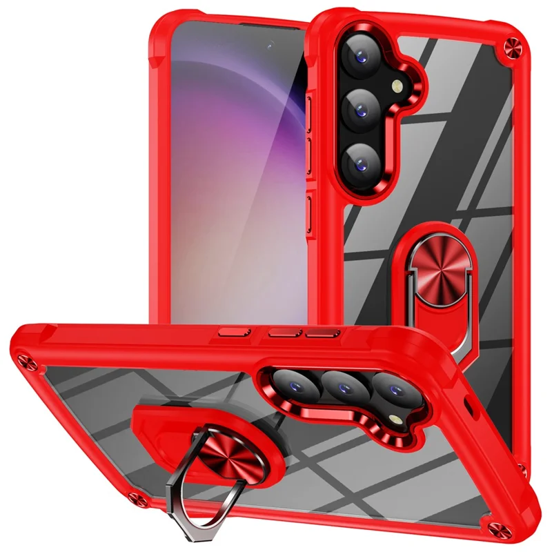 For Samsung Galaxy S24+ Cell Phone Case Anti-scratch PC+TPU Metal Ring Kickstand Protective Cover - Red