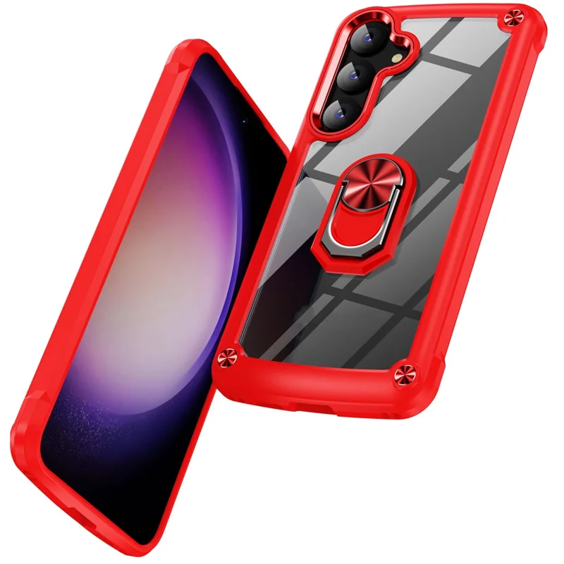 For Samsung Galaxy S24+ Cell Phone Case Anti-scratch PC+TPU Metal Ring Kickstand Protective Cover - Red