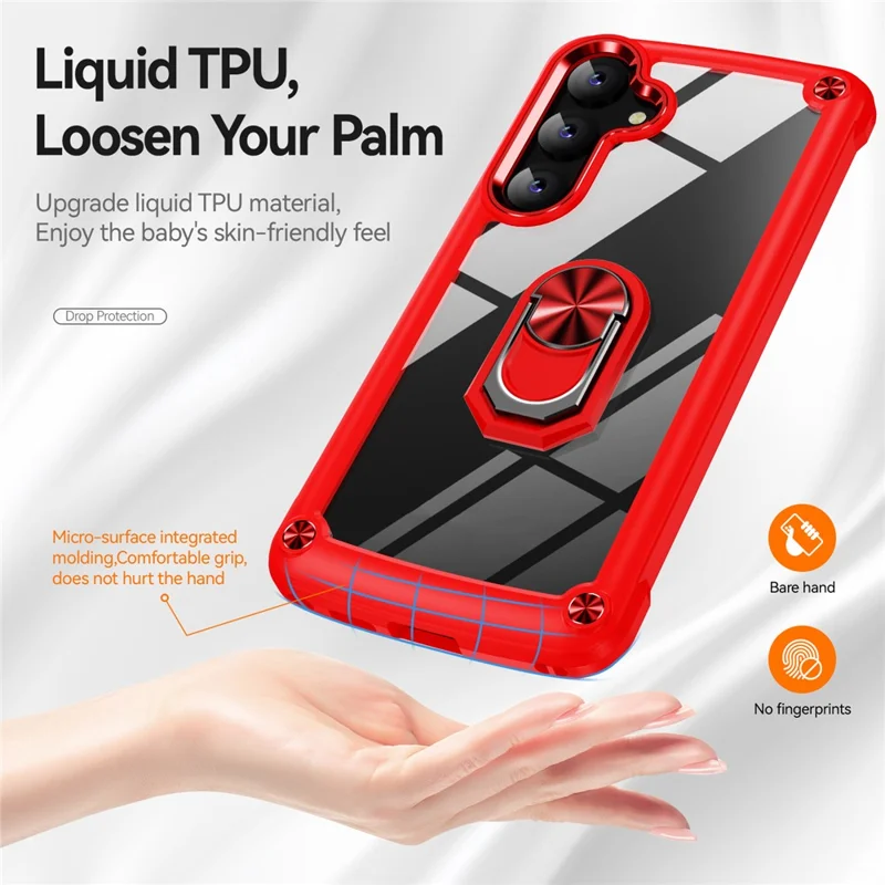 For Samsung Galaxy S24+ Cell Phone Case Anti-scratch PC+TPU Metal Ring Kickstand Protective Cover - Red