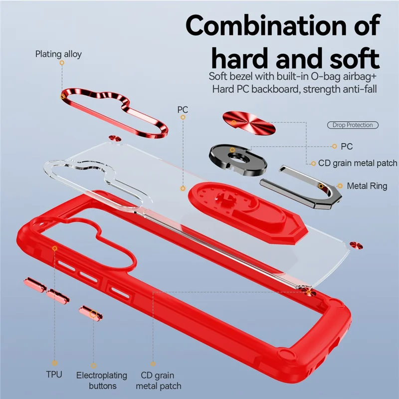 For Samsung Galaxy S24+ Cell Phone Case Anti-scratch PC+TPU Metal Ring Kickstand Protective Cover - Red