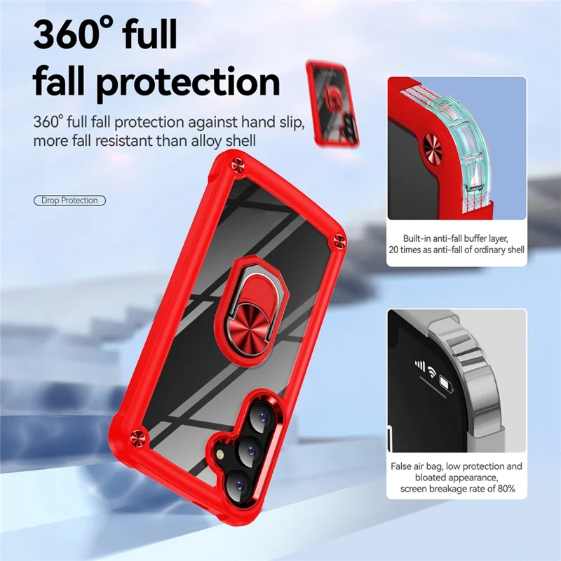 For Samsung Galaxy S24+ Cell Phone Case Anti-scratch PC+TPU Metal Ring Kickstand Protective Cover - Red