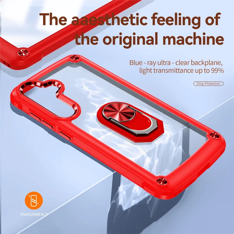 For Samsung Galaxy S24+ Cell Phone Case Anti-scratch PC+TPU Metal Ring Kickstand Protective Cover - Red