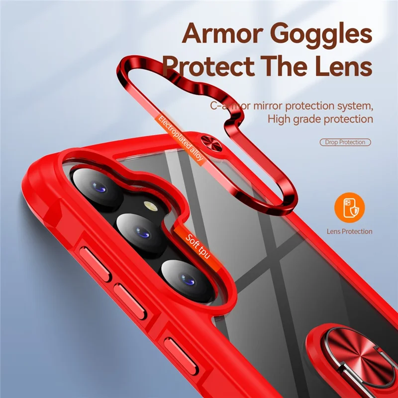 For Samsung Galaxy S24+ Cell Phone Case Anti-scratch PC+TPU Metal Ring Kickstand Protective Cover - Red