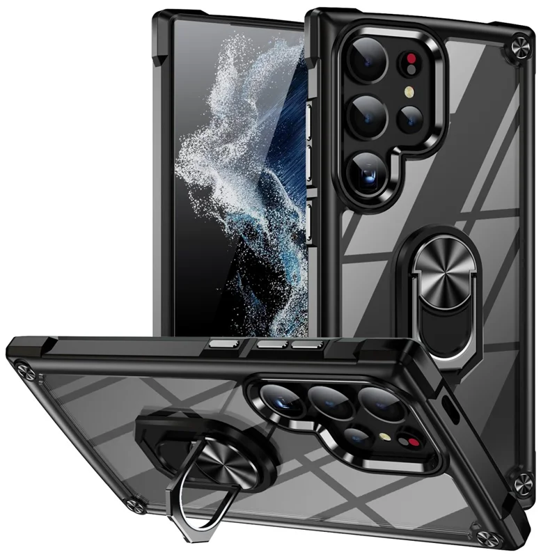 Pour Samsung Galaxy S24 Ultra Case Drop-proof PC+TPU Metal Ring Kickstand Phone Back Shell - Noir