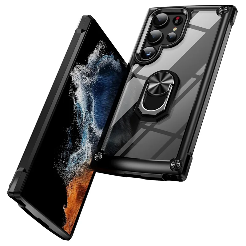 Pour Samsung Galaxy S24 Ultra Case Drop-proof PC+TPU Metal Ring Kickstand Phone Back Shell - Noir