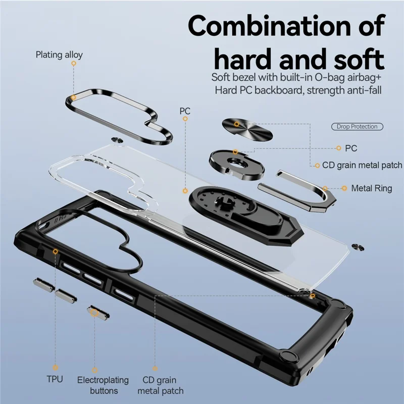 Pour Samsung Galaxy S24 Ultra Case Drop-proof PC+TPU Metal Ring Kickstand Phone Back Shell - Noir