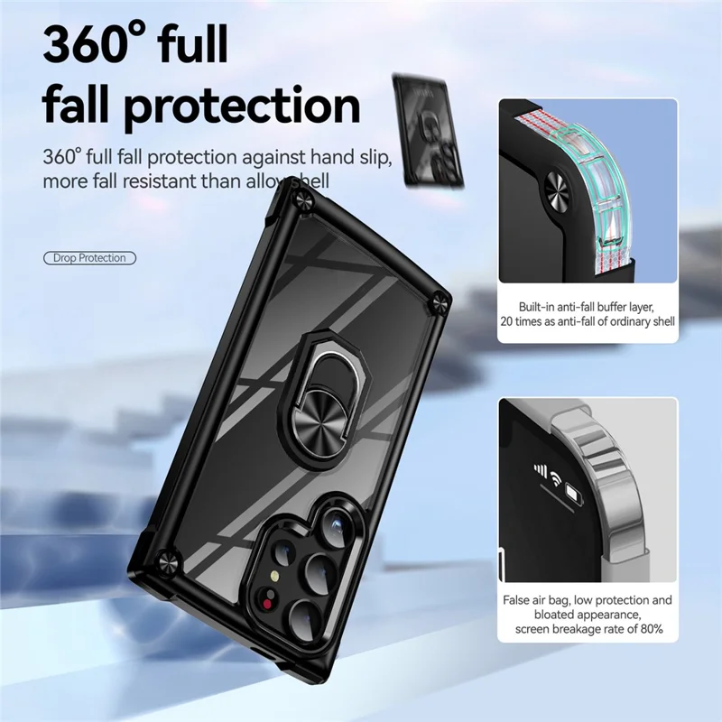 Pour Samsung Galaxy S24 Ultra Case Drop-proof PC+TPU Metal Ring Kickstand Phone Back Shell - Noir