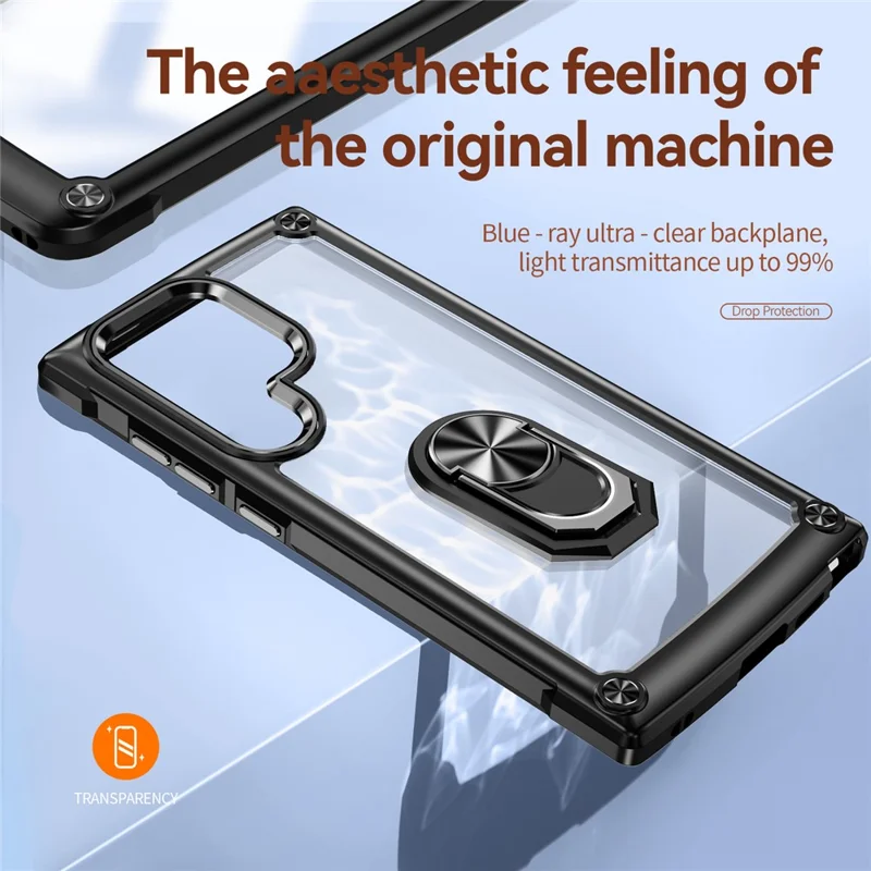 Pour Samsung Galaxy S24 Ultra Case Drop-proof PC+TPU Metal Ring Kickstand Phone Back Shell - Noir
