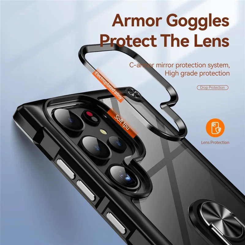 Pour Samsung Galaxy S24 Ultra Case Drop-proof PC+TPU Metal Ring Kickstand Phone Back Shell - Noir