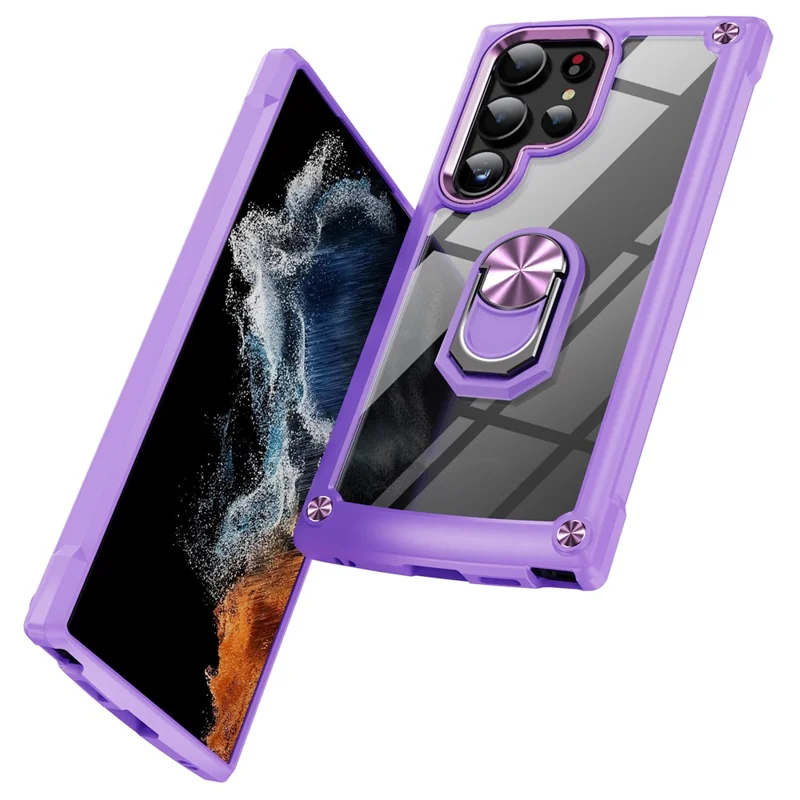 For Samsung Galaxy S24 Ultra Case Drop-proof PC+TPU Metal Ring Kickstand Phone Back Shell - Purple