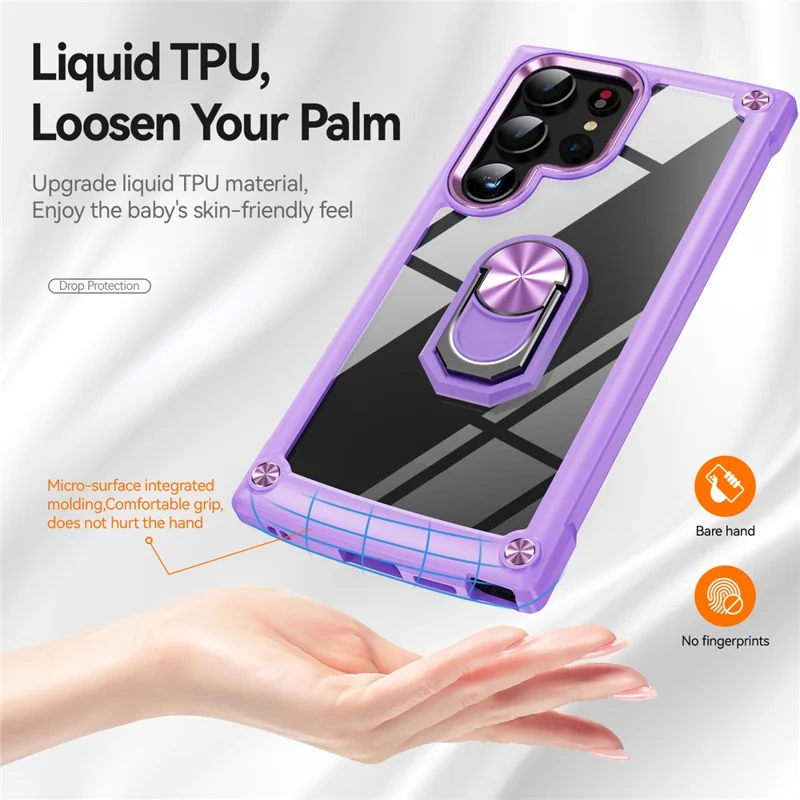 For Samsung Galaxy S24 Ultra Case Drop-proof PC+TPU Metal Ring Kickstand Phone Back Shell - Purple