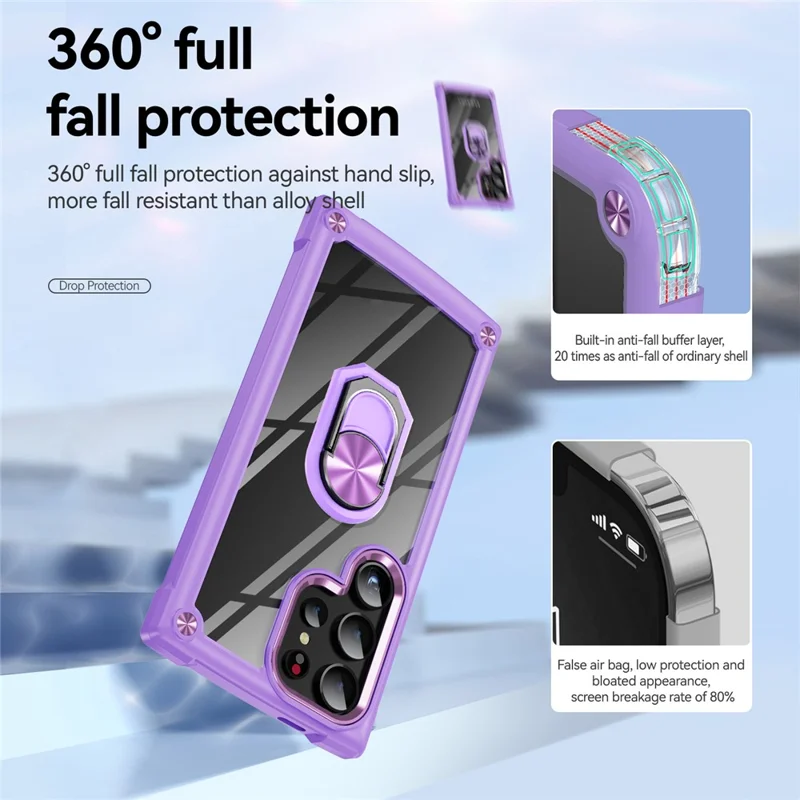 For Samsung Galaxy S24 Ultra Case Drop-proof PC+TPU Metal Ring Kickstand Phone Back Shell - Purple
