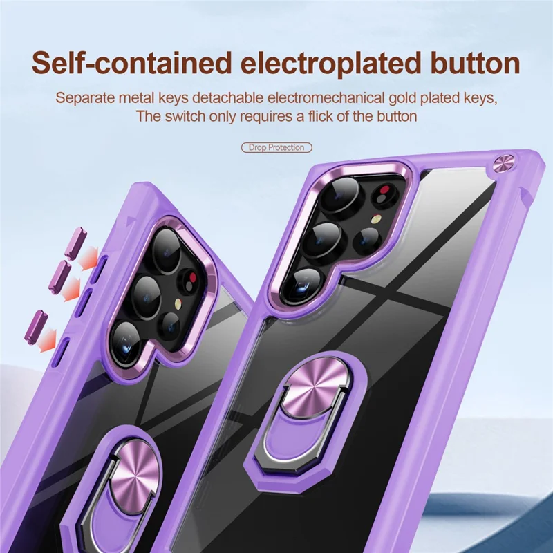 For Samsung Galaxy S24 Ultra Case Drop-proof PC+TPU Metal Ring Kickstand Phone Back Shell - Purple
