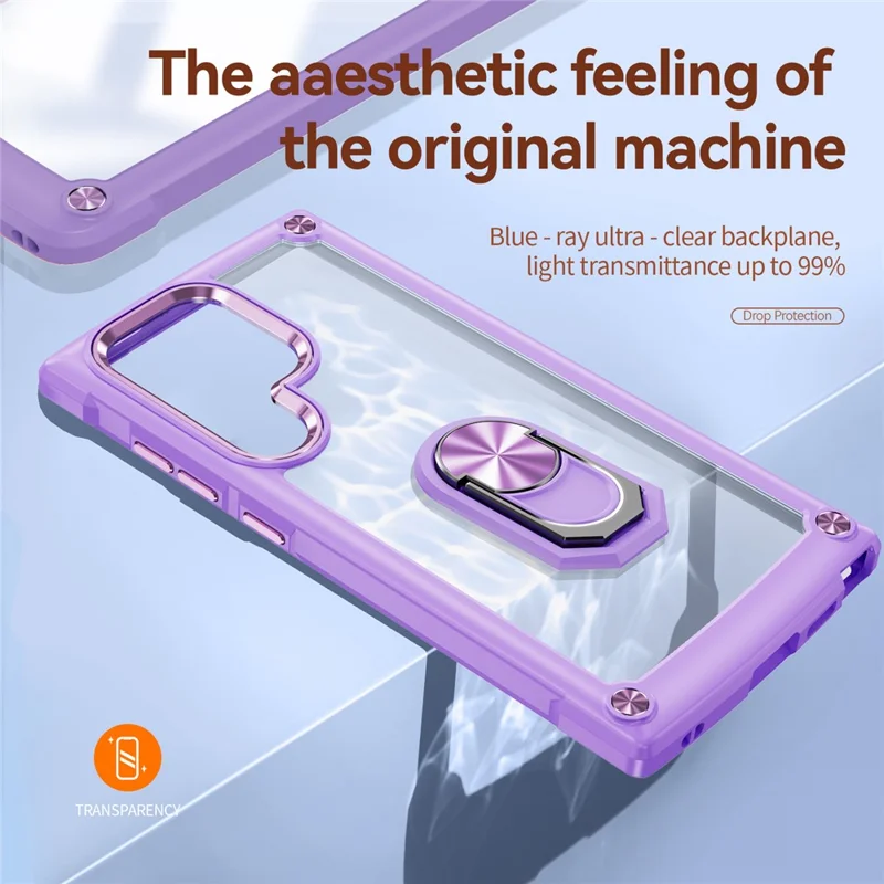 For Samsung Galaxy S24 Ultra Case Drop-proof PC+TPU Metal Ring Kickstand Phone Back Shell - Purple