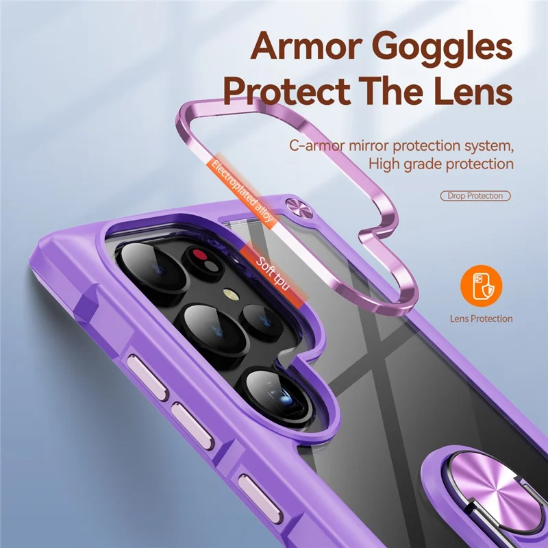 For Samsung Galaxy S24 Ultra Case Drop-proof PC+TPU Metal Ring Kickstand Phone Back Shell - Purple