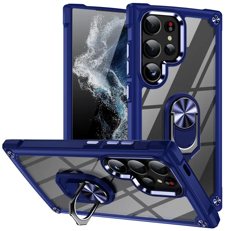 For Samsung Galaxy S24 Ultra Case Drop-proof PC+TPU Metal Ring Kickstand Phone Back Shell - Blue