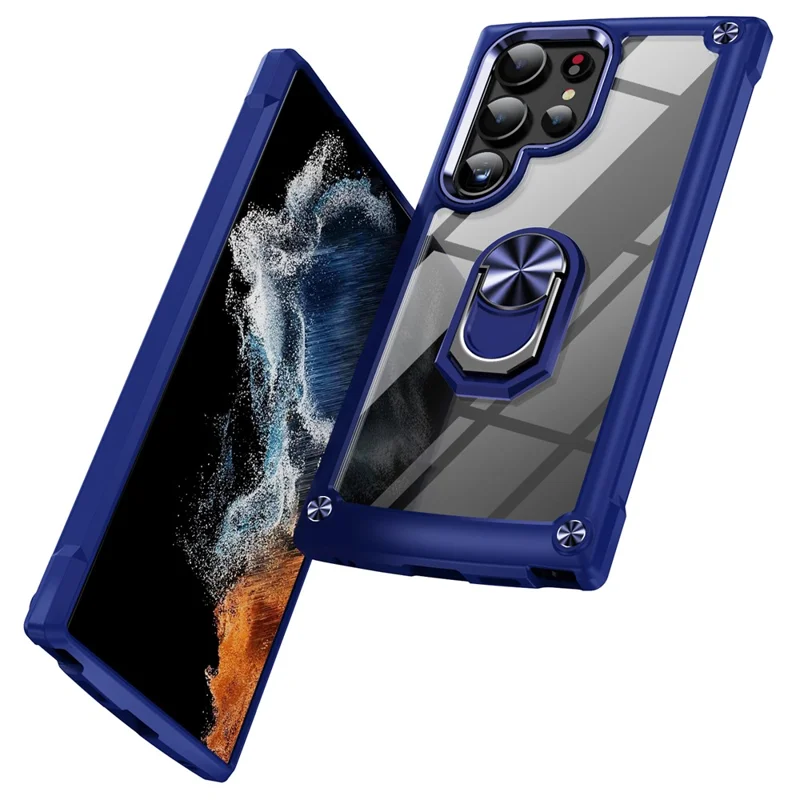 For Samsung Galaxy S24 Ultra Case Drop-proof PC+TPU Metal Ring Kickstand Phone Back Shell - Blue