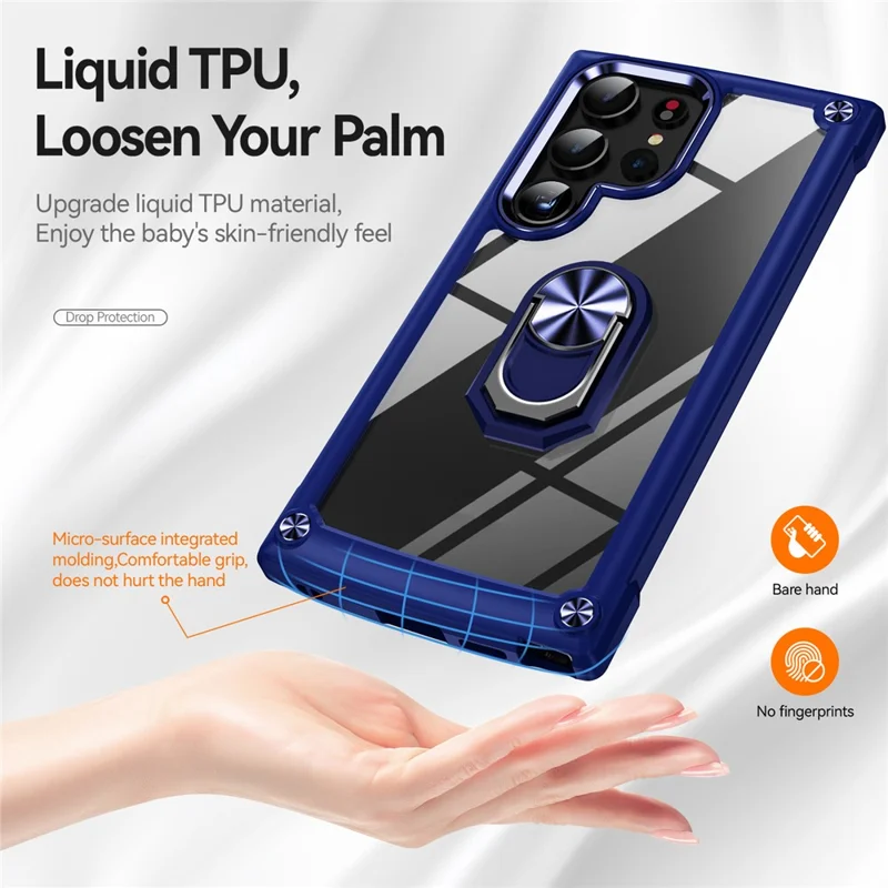 For Samsung Galaxy S24 Ultra Case Drop-proof PC+TPU Metal Ring Kickstand Phone Back Shell - Blue