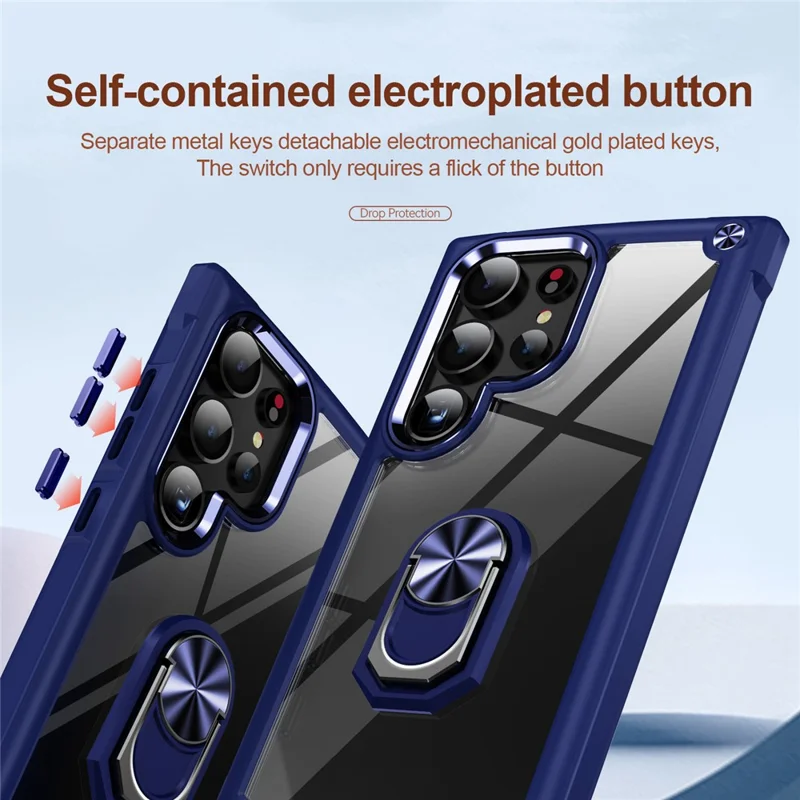 For Samsung Galaxy S24 Ultra Case Drop-proof PC+TPU Metal Ring Kickstand Phone Back Shell - Blue