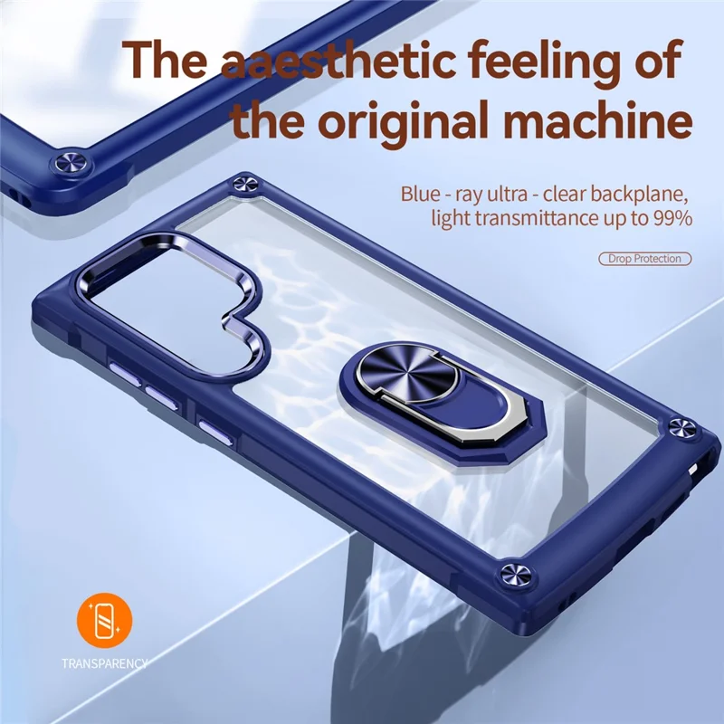 For Samsung Galaxy S24 Ultra Case Drop-proof PC+TPU Metal Ring Kickstand Phone Back Shell - Blue