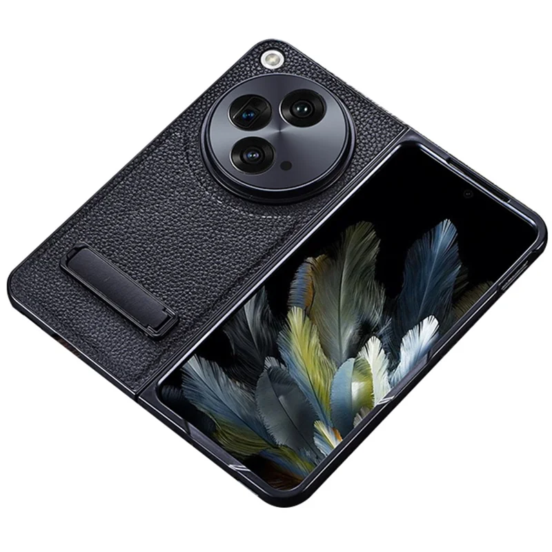 For OnePlus Open Case Litchi Texture PU Leather PC Phone Back Cover with Kickstand - Black
