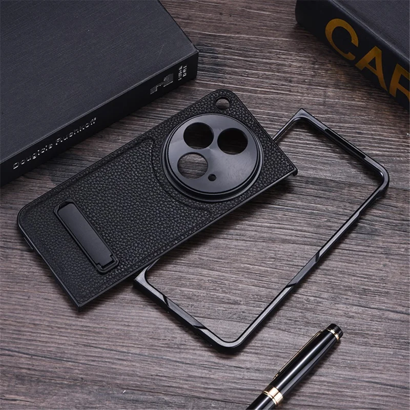 For OnePlus Open Case Litchi Texture PU Leather PC Phone Back Cover with Kickstand - Black