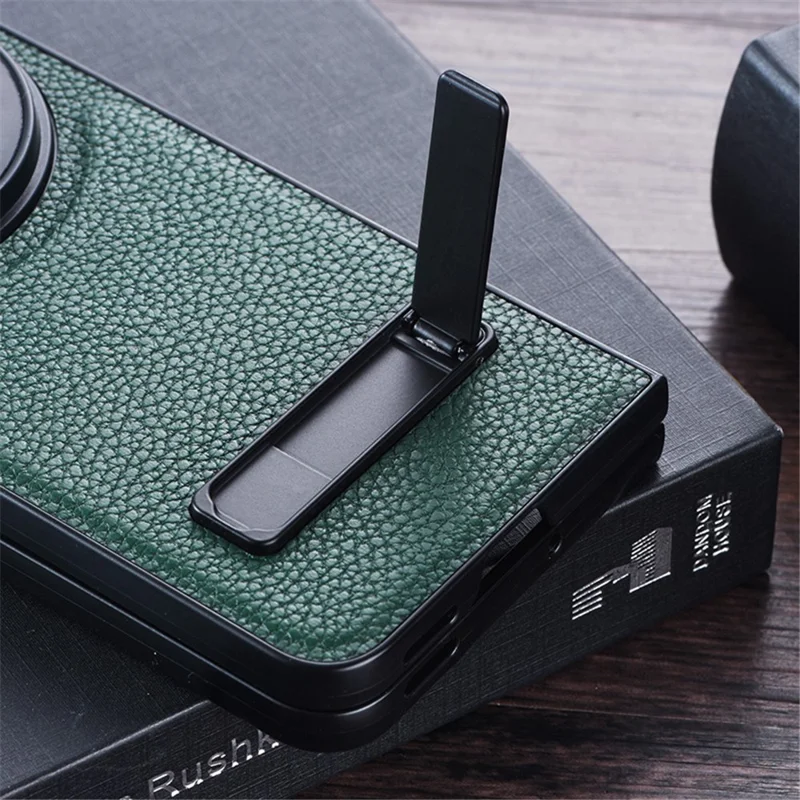 For OnePlus Open Case Litchi Texture PU Leather PC Phone Back Cover with Kickstand - Black