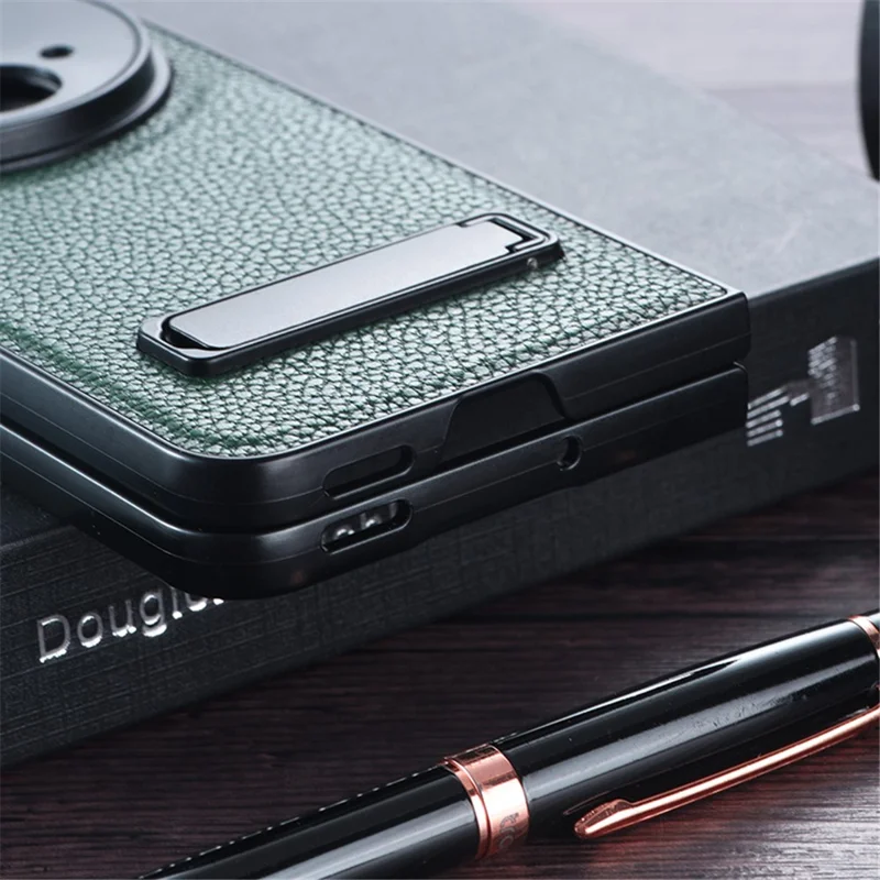 For OnePlus Open Case Litchi Texture PU Leather PC Phone Back Cover with Kickstand - Black