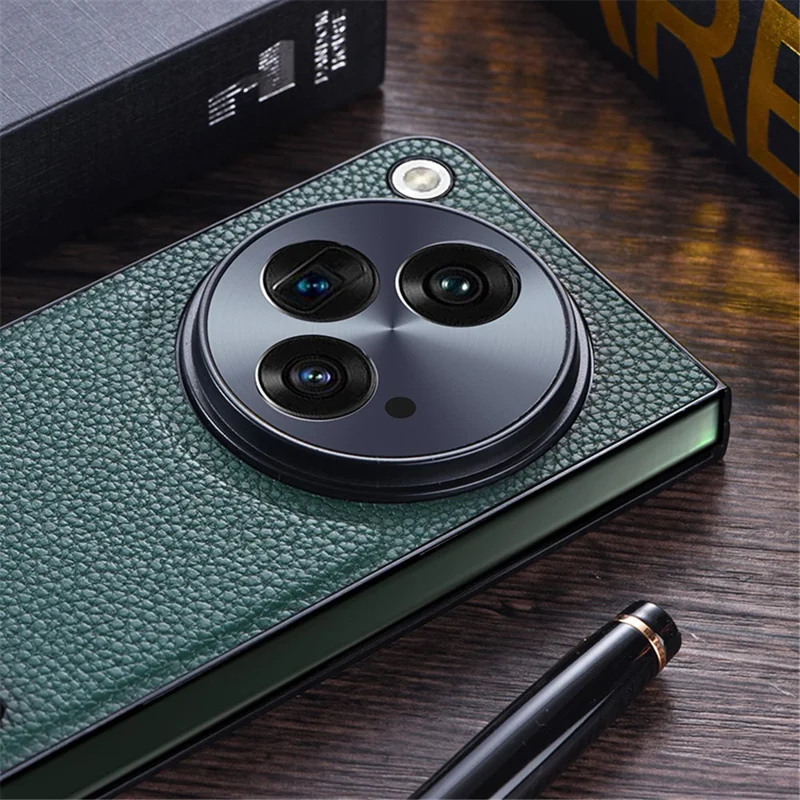 For OnePlus Open Case Litchi Texture PU Leather PC Phone Back Cover with Kickstand - Black