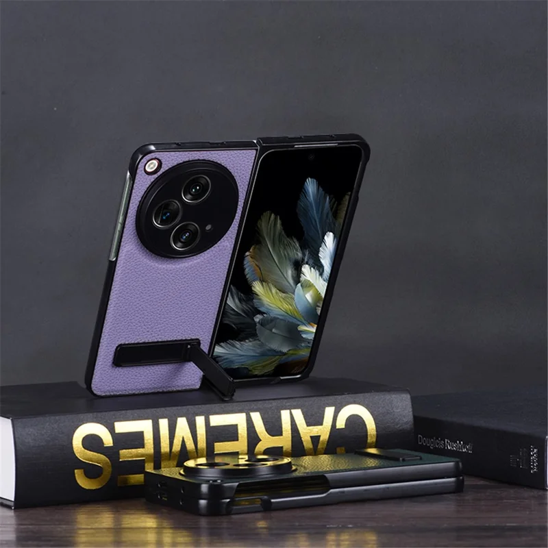 For OnePlus Open Case Litchi Texture PU Leather PC Phone Back Cover with Kickstand - Black